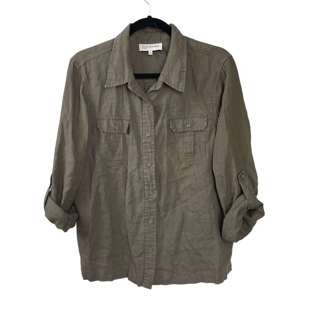 JONES NEW YORK Army Green Linen Button Front Roll Sleeve Blouse Large